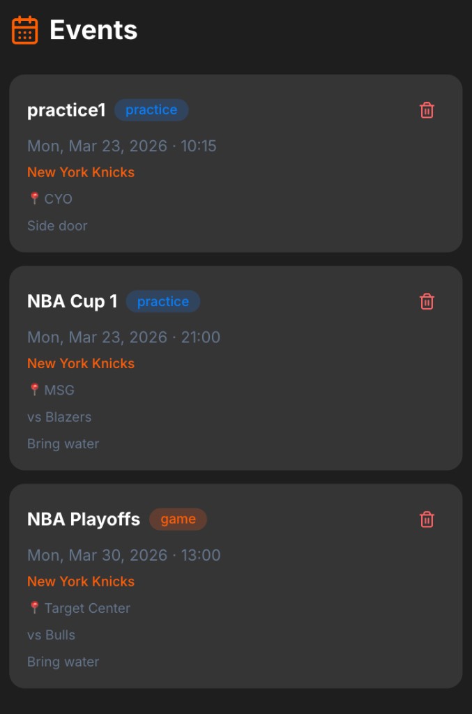 PLAYYBOOK Events — team schedule with practices and games