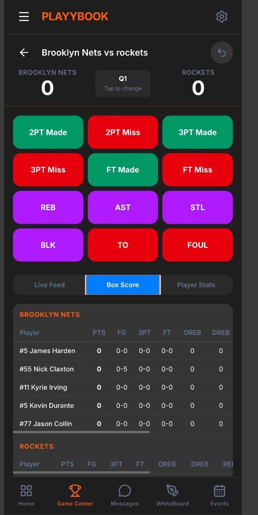 PLAYYBOOK live scoring — Brooklyn Nets vs Rockets, stat buttons and box score