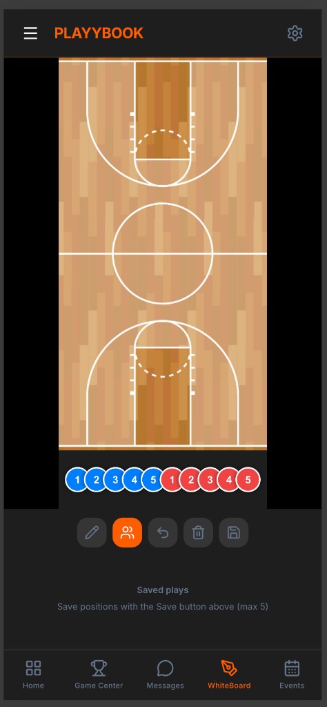 PLAYYBOOK whiteboard — full court view with player tools and saved plays