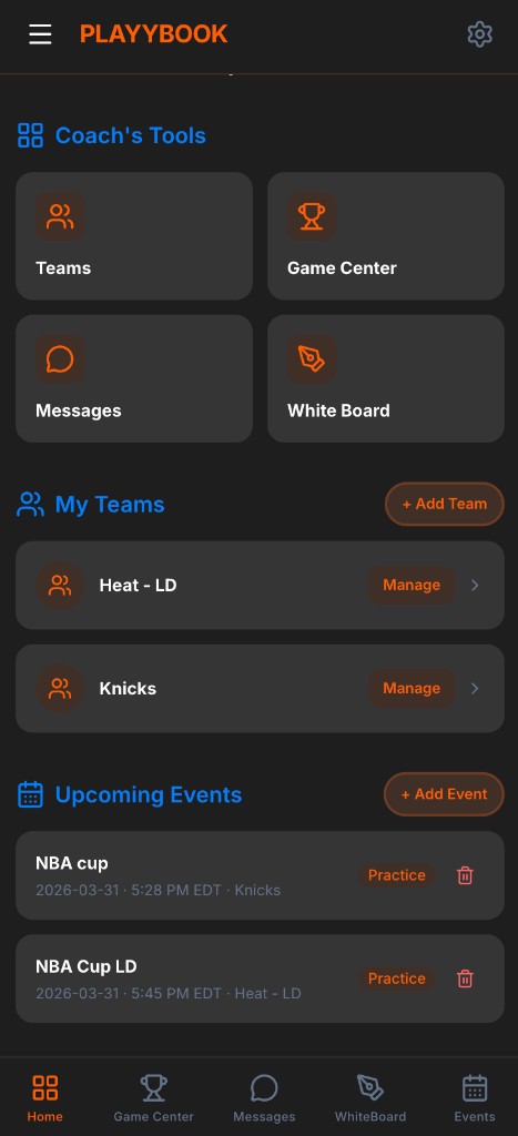 PLAYYBOOK app dashboard — Coach's Tools, My Teams, and Upcoming Events